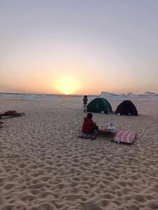 a person sitting on a beach with two tents at Abo Yusre Sfari in Bawiti