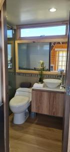 a bathroom with a toilet and a sink and a mirror at Refugio entre el cielo AQUA in Guatavita