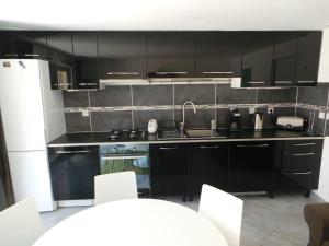 a kitchen with black cabinets and a white refrigerator at Appartement Vue Montagne in Garéoult