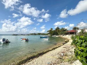 een groep boten in het water op een strand bij Le refuge de Chrystel : Plage accessible à pied in Le Gosier