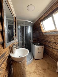 a bathroom with a sink and a shower at Eco Lodge La Ola Oculta in Trigo Blanco