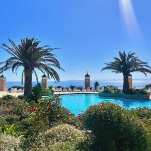 vistas a una piscina con palmeras y al océano en Hippocampus resort en Concón