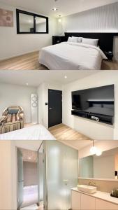 twee foto's van een slaapkamer met een bed en een tv bij K motel in Geoje 