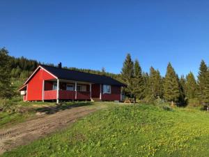 una casa roja en una colina en un campo en Nyrestaurert og koselig hytte ved Skjelbredvatnet., 