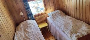 two twin beds in a room with a window at Sandholm Cottage in Nötö