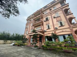 Yên Bái的住宿－Khách sạn Phương Thuý 1，前面有盆栽植物的大粉色建筑