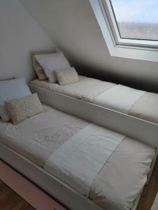 two beds in a room with a window at 200 m plage - Rue piétonne à 300 m - jardin in Berck-sur-Mer +17 photos