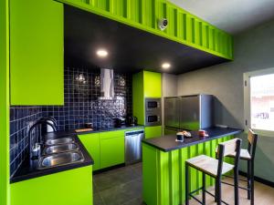 una cocina con armarios verdes y fregadero en Wonder Hostel, en Toledo