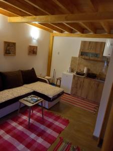 een woonkamer met een bank en een keuken bij Dunavska Avlija in Mala Vrbica
