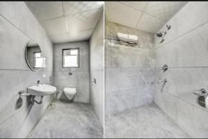 two pictures of a bathroom with a sink and a toilet at Hotel Hangout in Pune