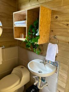 a bathroom with a sink and a toilet at Cabañas Colibrí in Cocorná +30 photos