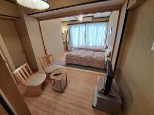 uma vista para um quarto com uma cama e uma televisão em Minshuku Inn Shirahama Ekinoyado em Shirahama