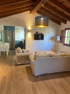Sala de estar con 2 sofás y mesa en Casa independiente con piscina y pista deportiva privadas, en El Puerto de Santa María