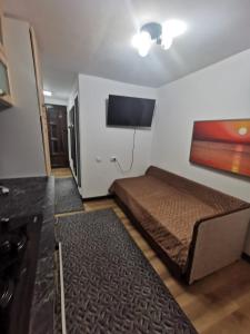 Habitación pequeña con cama y TV de pantalla plana. en TinyHouseFaget, en Cluj-Napoca