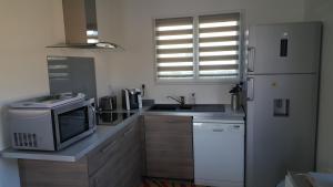 a kitchen with a microwave and a refrigerator at maison de vacances Lège-cap-ferret in Lège-Cap-Ferret