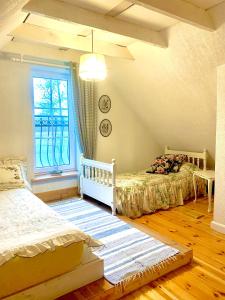 Aviliai的住宿－Sodyba Paukščių Takas，一间卧室设有两张床和窗户。