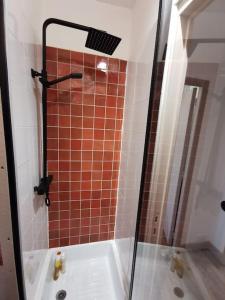 a bathroom with a shower and a tub with a glass shower backdoor at Jungle Chic au bord du Canal Saint-Martin in Rennes