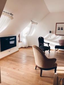 uma sala de estar com 2 cadeiras e uma televisão de ecrã plano em Le Régis em Laguiole