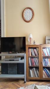 uma sala de estar com uma televisão de ecrã plano e uma estante de livros em Cosy em Vršac