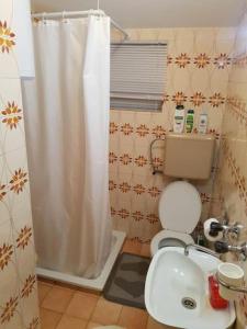 a bathroom with a white shower curtain and a toilet at Holiday Home Matija in Ljubuški +38 photos