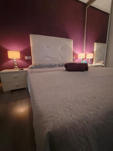 1 dormitorio con 1 cama blanca grande y paredes moradas en Paul's Rooms, no se admiten turistas not for tourists, en Valencia