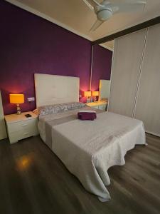 een slaapkamer met een groot bed met paarse muren bij Paul's Rooms, no se admiten turistas not for tourists in Valencia