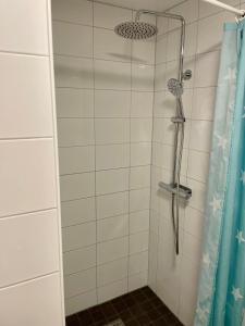 y baño con ducha con cabezal de ducha. en Fiskebäckgårds gästhus en Lysekil