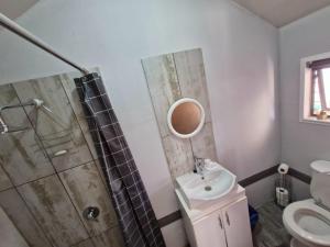 La salle de bains est pourvue d'une douche, d'un lavabo et de toilettes. dans l'établissement Vosloo's rest, à Vereeniging