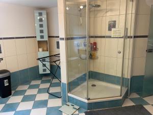 a shower with a glass door in a bathroom at Ferienzimmer Oelhaf Zimmer in Rosé Self Check-In mit Key-Tresore in Wilhelmsdorf +15 photos