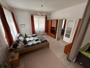 une chambre avec un grand lit dans une pièce dans l'établissement Tavaszpart Vendégház, à Szeged