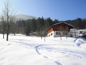 a snow covered field with a barn in the background at Charming Holiday Home in H ttau with Barbecue in Hüttau
