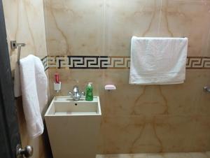 a bathroom with a sink and a towel on the wall at Balqees Cottage in Lahore