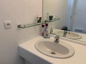 La salle de bains est pourvue d'un lavabo et d'un miroir. dans l'établissement Le Tropical, à Fréjus