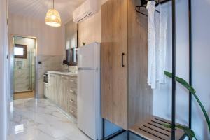 a kitchen with a refrigerator and a glass wall at Irene's House Kalamitsi in Kalamitsi