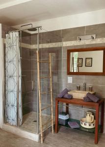 a bathroom with a shower with a ladder and a sink at Chez Rosette de Lussan in Lussan