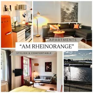 een collage van foto's van een woonkamer en een appartement bij Apartments "Am Rheinorange", Netflix, Amazon Prime in Duisburg