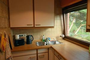 a kitchen counter with a sink and a window at Elbwald-Studio in Hitzacker