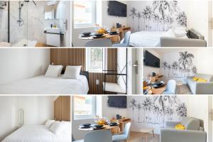 a hotel room with two beds and a dining room at Olivier * Cosy * Linge hôtelier * Fibre * Calme in La Destrousse