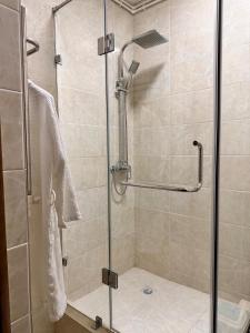 a shower with a glass door in a bathroom at STATUS in Shymkent
