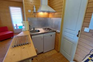 a small kitchen with a sink and a stove at maison en bois in Lacapelle-Viescamp