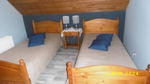 two beds with blue pillows in a small room at Le Bel Isle in Echinghen +19 photos