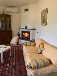 salon z kanapą i kominkiem w obiekcie Guesthouse Villa Rosa Berat w mieście Berat