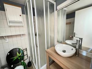 ein Badezimmer mit einem weißen Waschbecken und einem Spiegel in der Unterkunft Studette et studio en montagne proche stations de ski et lac in Prunières