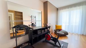 um quarto com um ginásio com um espelho e uma passadeira em Luxury Majestic Penthouse Apartment em Chioggia