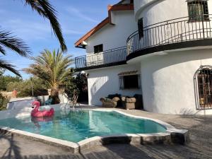 a pool with a pink rubber duck in front of a house at Villa Torre Macastre, Valencia in Macastre
