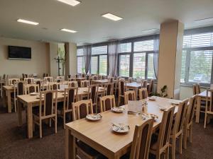 jadalnia ze stołami, krzesłami i oknami w obiekcie Hotel Panon w mieście Hodonín