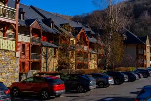 une rangée de voitures garées devant un bâtiment dans l'établissement Apparts au Cœur de St-Lary - Piscine Chauffée et Sauna, à Saint-Lary-Soulan
