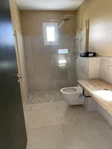 een badkamer met een douche, een toilet en een wastafel bij Guetali du Village in Monacia-dʼAullène