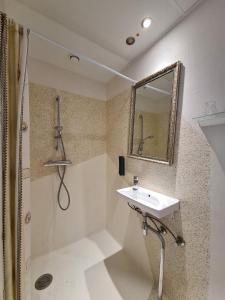 a bathroom with a sink and a shower and a mirror at Milling Hotel Mini 11 in Odense