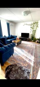 a living room with blue couches and a rug at Lägenhet/Apartment Krylbo, Avesta Sweden in Avesta